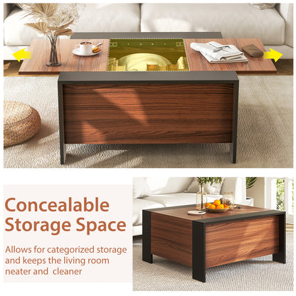 Modern Square Coffee Table with Sliding Top and Hidden Storage Compartment in Walnut