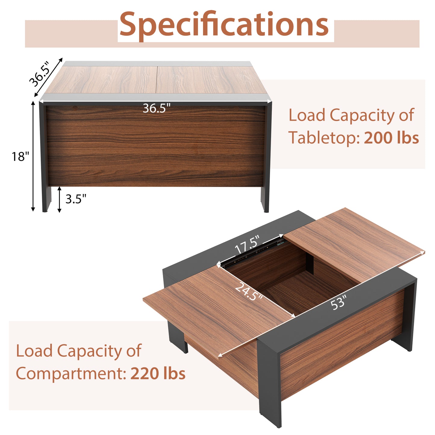 Modern Square Coffee Table with Sliding Top and Hidden Storage Compartment in Walnut