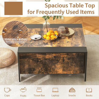 Modern Square Coffee Table with Sliding Top and Hidden Storage Compartment in Rustic Brown