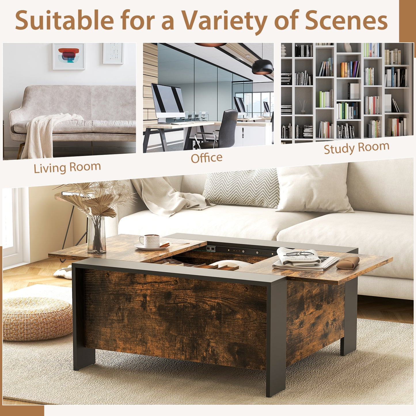 Modern Square Coffee Table with Sliding Top and Hidden Storage Compartment in Rustic Brown