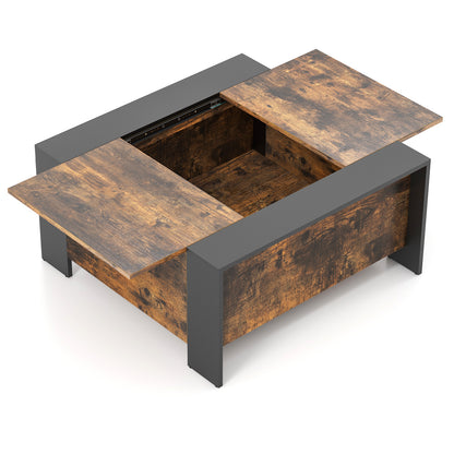 Modern Square Coffee Table with Sliding Top and Hidden Storage Compartment in Rustic Brown