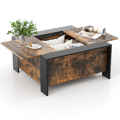 Modern Square Coffee Table with Sliding Top and Hidden Storage Compartment in Rustic Brown