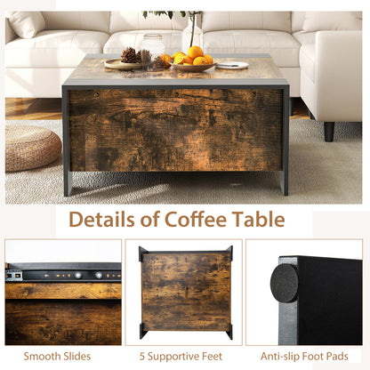 Modern Square Coffee Table with Sliding Top and Hidden Storage Compartment in Rustic Brown