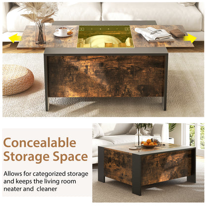 Modern Square Coffee Table with Sliding Top and Hidden Storage Compartment in Rustic Brown