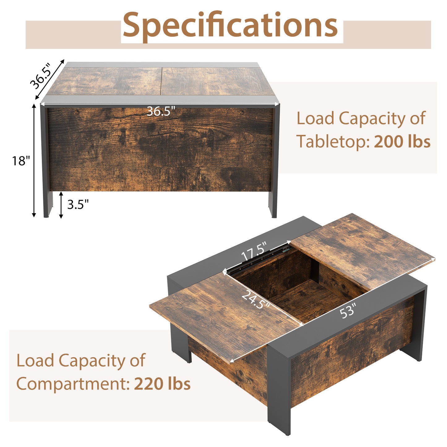 Modern Square Coffee Table with Sliding Top and Hidden Storage Compartment in Rustic Brown