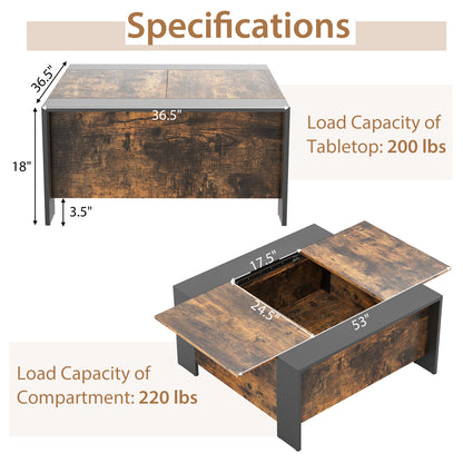 Modern Square Coffee Table with Sliding Top and Hidden Storage Compartment in Rustic Brown