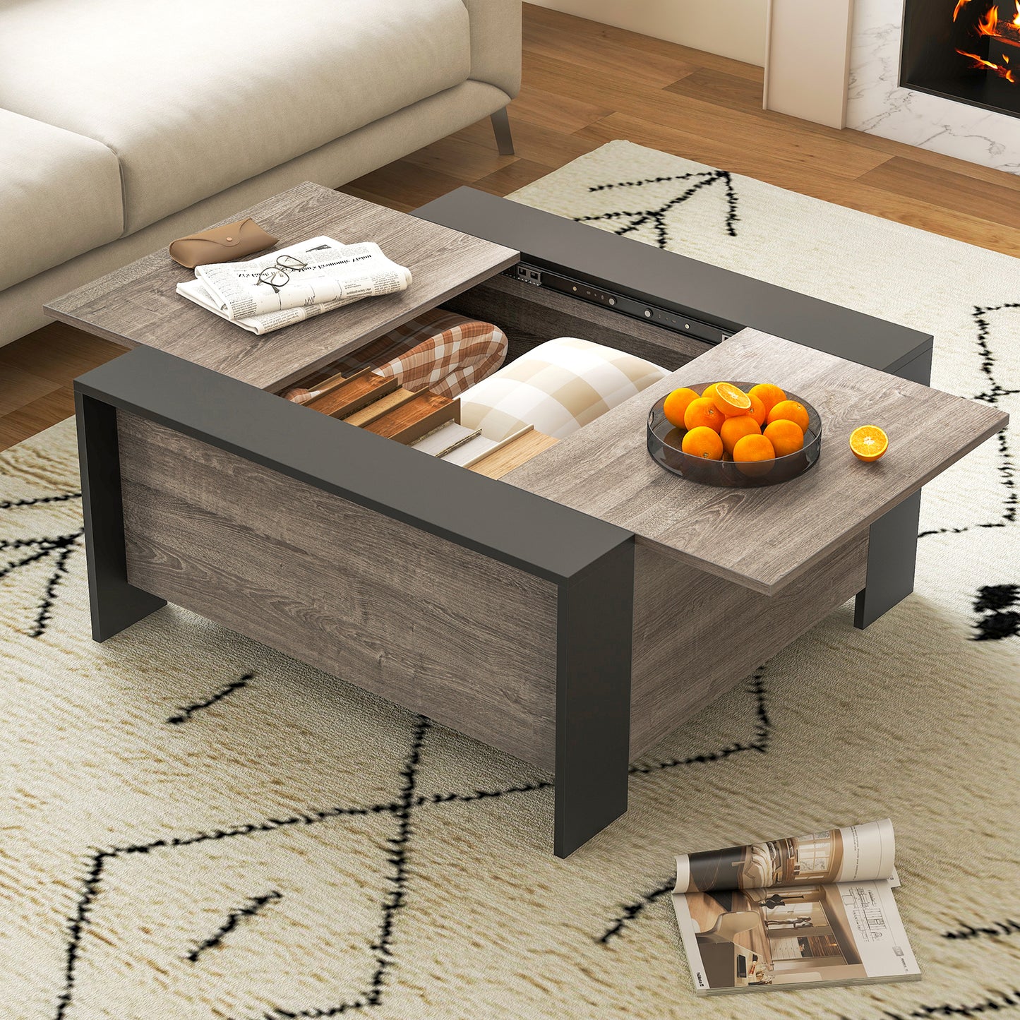 Modern Square Coffee Table with Sliding Top and Hidden Storage Compartment in Grey