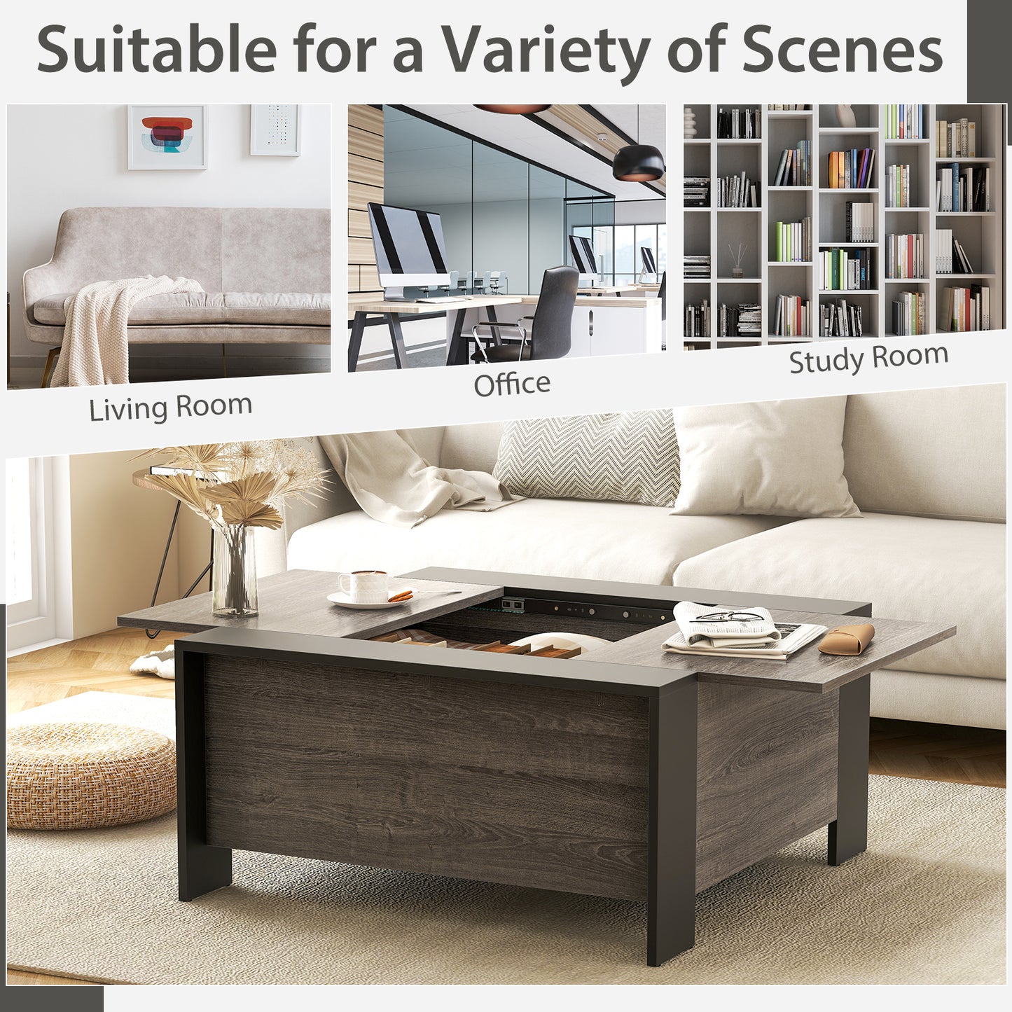 Modern Square Coffee Table with Sliding Top and Hidden Storage Compartment in Grey