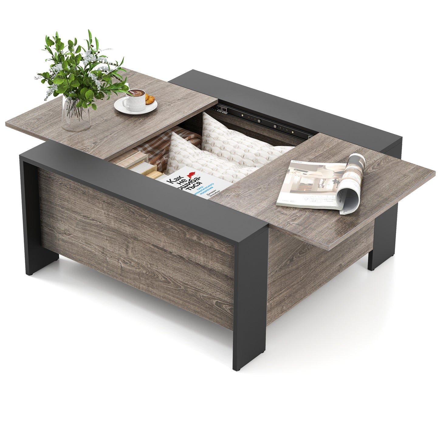 Modern Square Coffee Table with Sliding Top and Hidden Storage Compartment in Grey