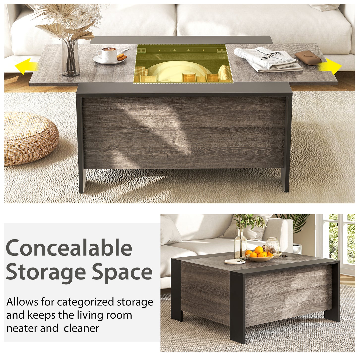 Modern Square Coffee Table with Sliding Top and Hidden Storage Compartment in Grey