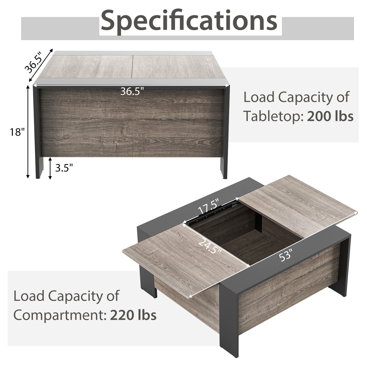 Modern Square Coffee Table with Sliding Top and Hidden Storage Compartment in Grey