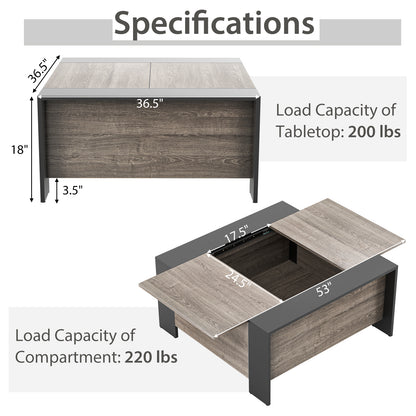 Modern Square Coffee Table with Sliding Top and Hidden Storage Compartment in Grey