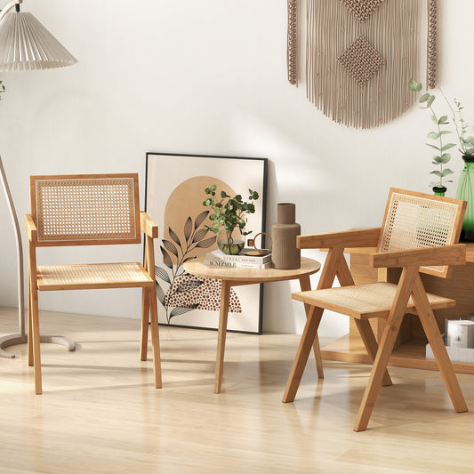 Set of 2 Mid Century Rattan Accent Chairs with Bamboo Frame