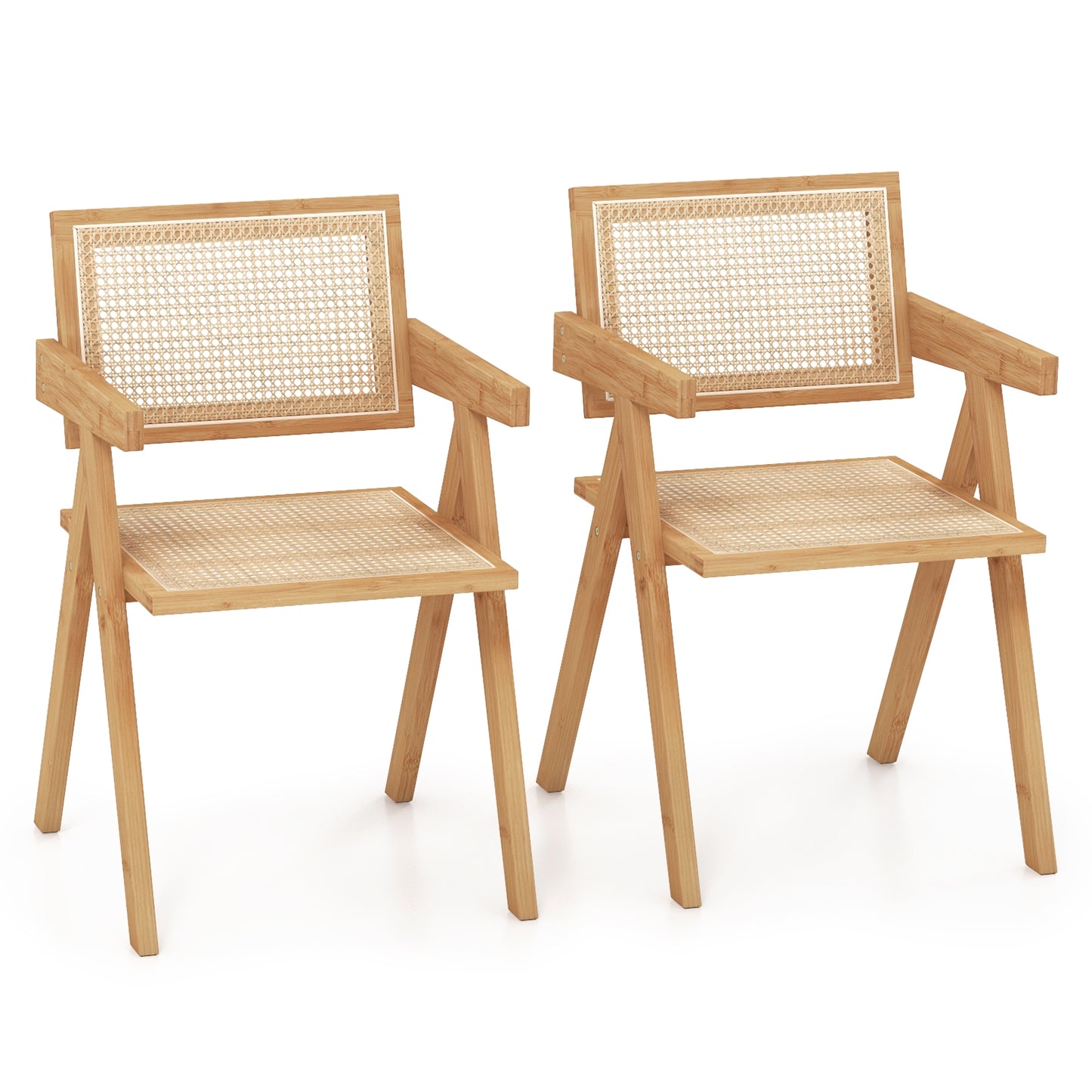 Set of 2 Mid Century Rattan Accent Chairs with Bamboo Frame