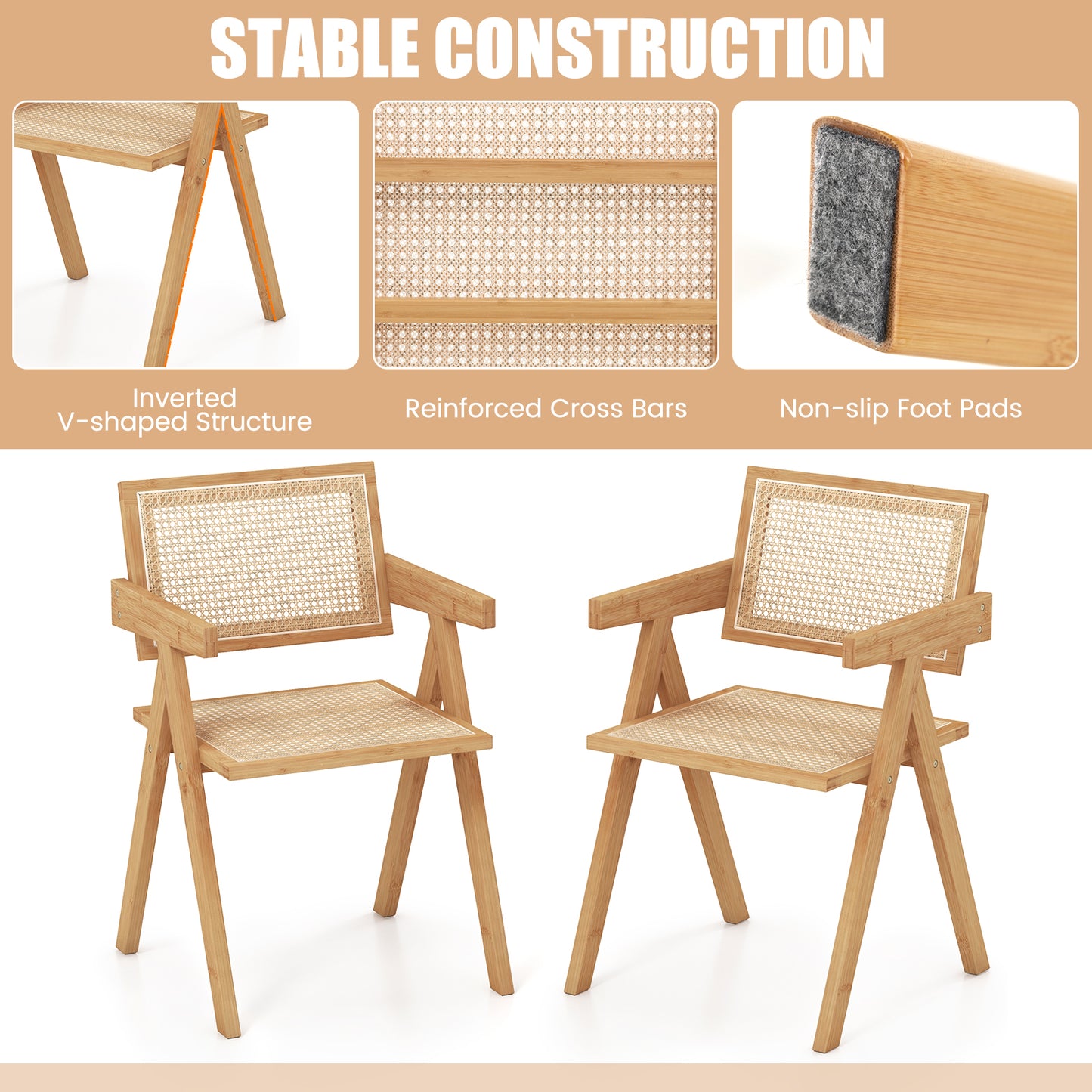 Set of 2 Mid Century Rattan Accent Chairs with Bamboo Frame