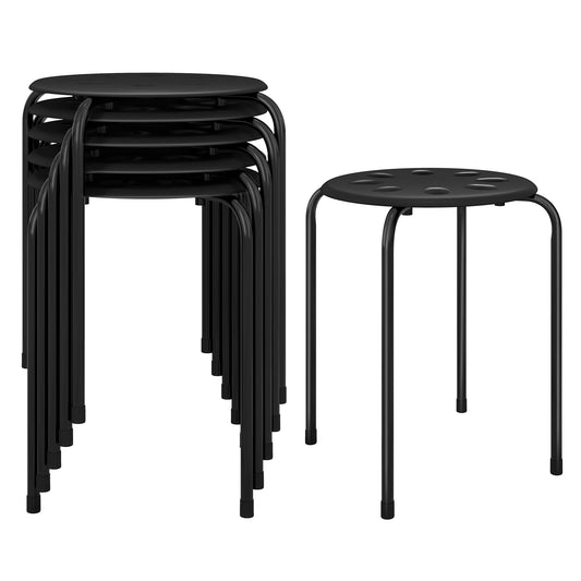 Set of 6 Stackable Plastic Stools for Dining, Office, Kitchen and More - Black