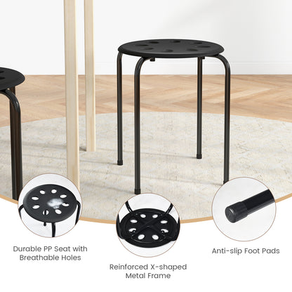 Set of 6 Stackable Plastic Stools for Dining, Office, Kitchen and More - Black