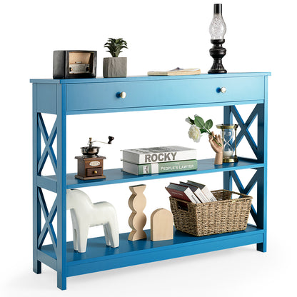 3 Tier Console Table with Drawer and Storage Shelves in Blue