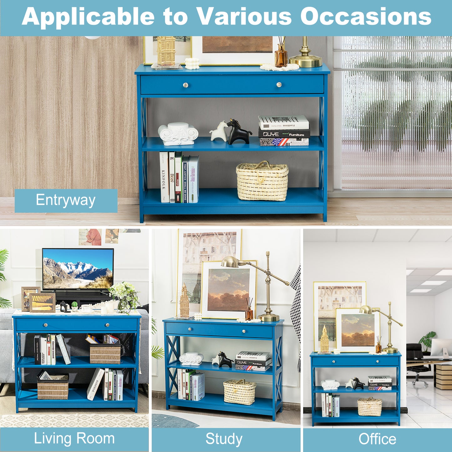 3 Tier Console Table with Drawer and Storage Shelves in Blue