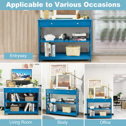 3 Tier Console Table with Drawer and Storage Shelves in Blue