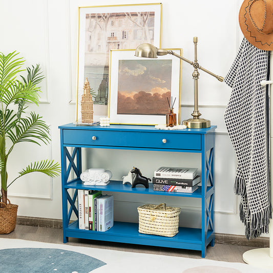 3 Tier Console Table with Drawer and Storage Shelves in Blue