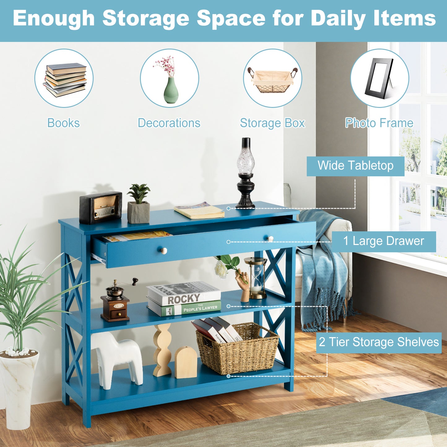 3 Tier Console Table with Drawer and Storage Shelves in Blue