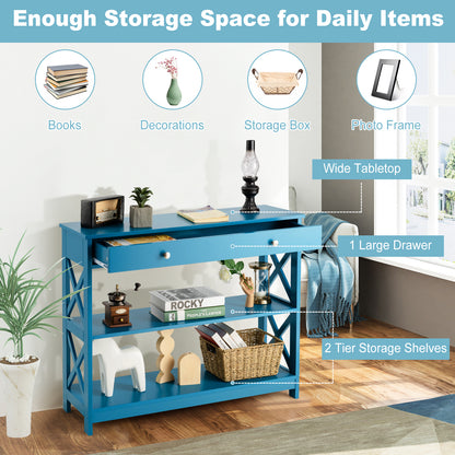 3 Tier Console Table with Drawer and Storage Shelves in Blue