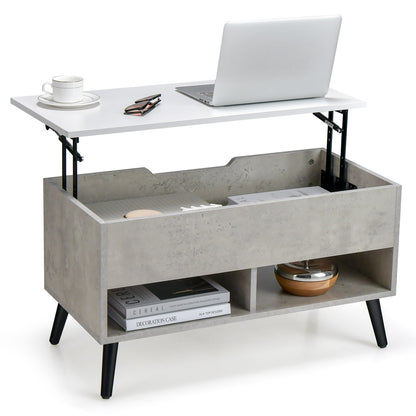 Lift Top Coffee Table with Hidden Compartment and Dual Storage Shelves - Grey