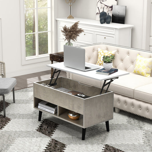 Lift Top Coffee Table with Hidden Compartment and Dual Storage Shelves - Grey