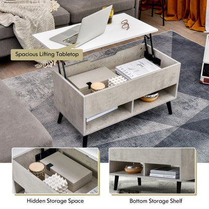 Lift Top Coffee Table with Hidden Compartment and Dual Storage Shelves - Grey