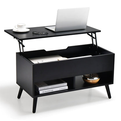 Lift Top Coffee Table with Hidden Compartment and Dual Storage Shelves - Black