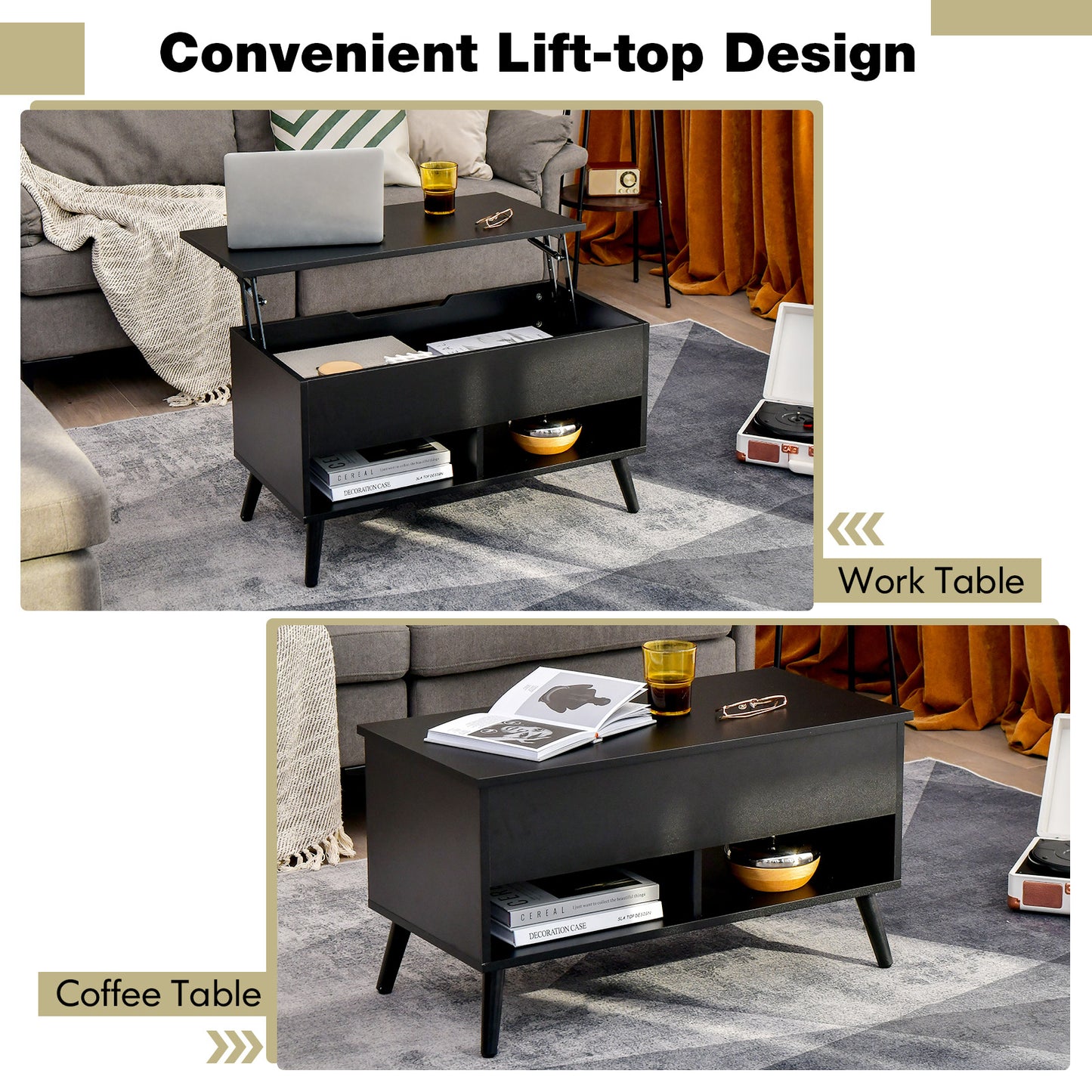 Lift Top Coffee Table with Hidden Compartment and Dual Storage Shelves - Black