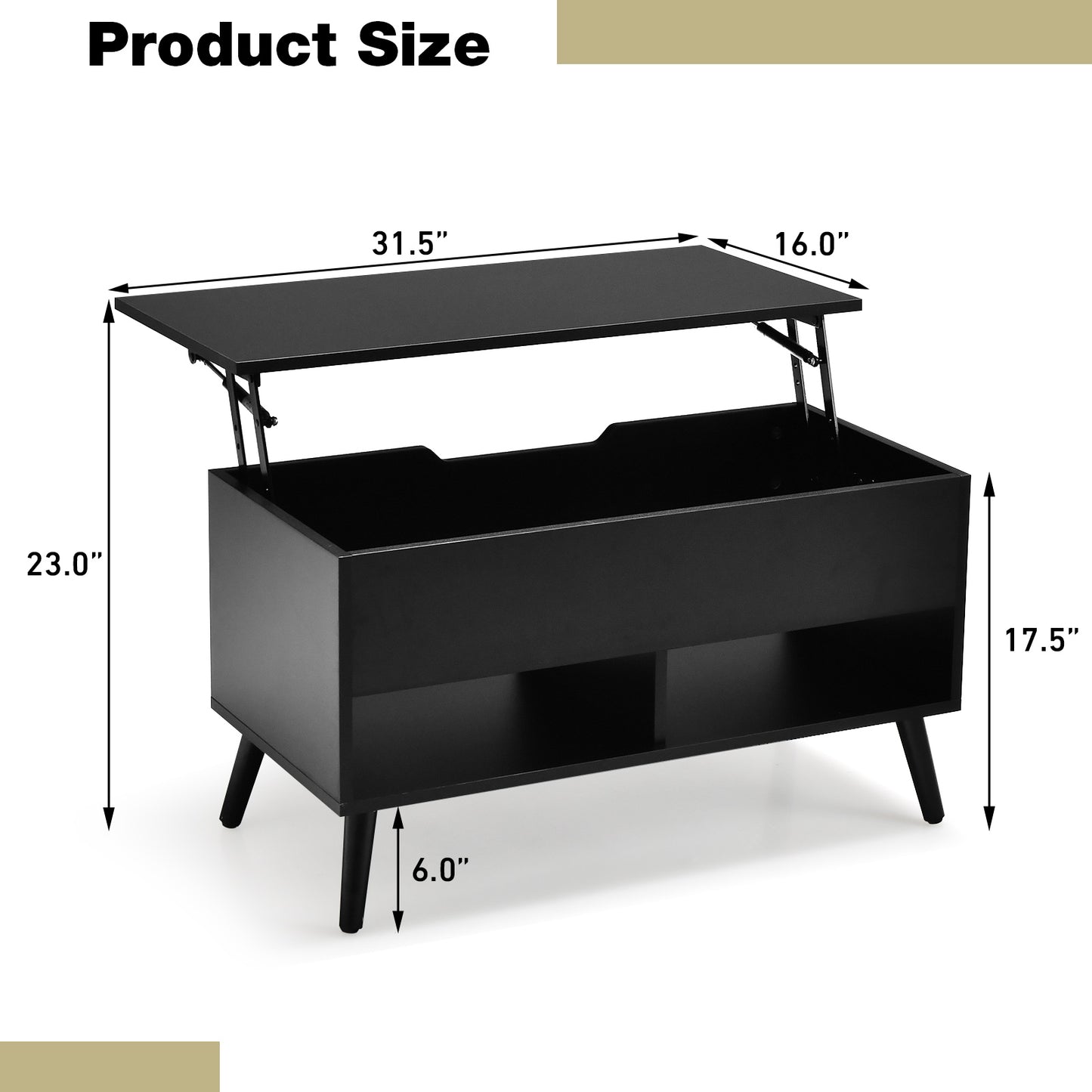Lift Top Coffee Table with Hidden Compartment and Dual Storage Shelves - Black