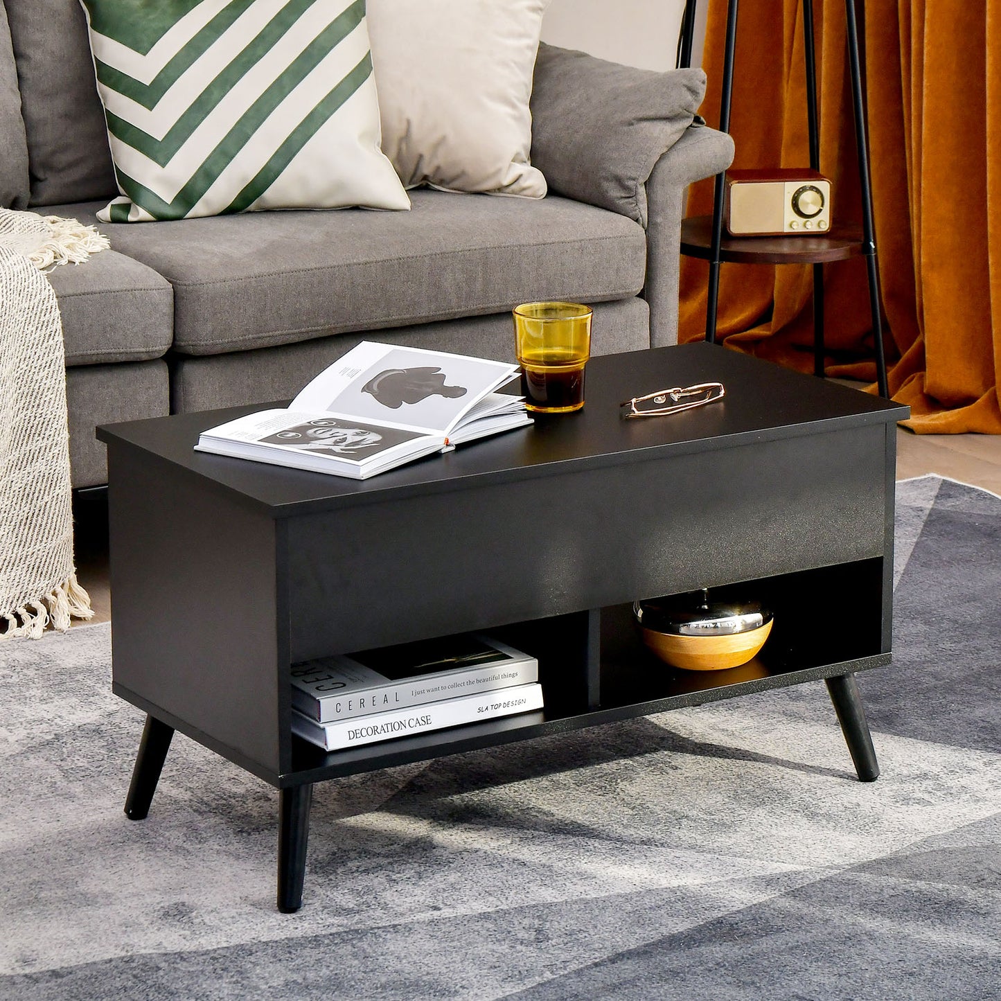 Lift Top Coffee Table with Hidden Compartment and Dual Storage Shelves - Black
