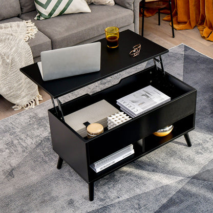 Lift Top Coffee Table with Hidden Compartment and Dual Storage Shelves - Black