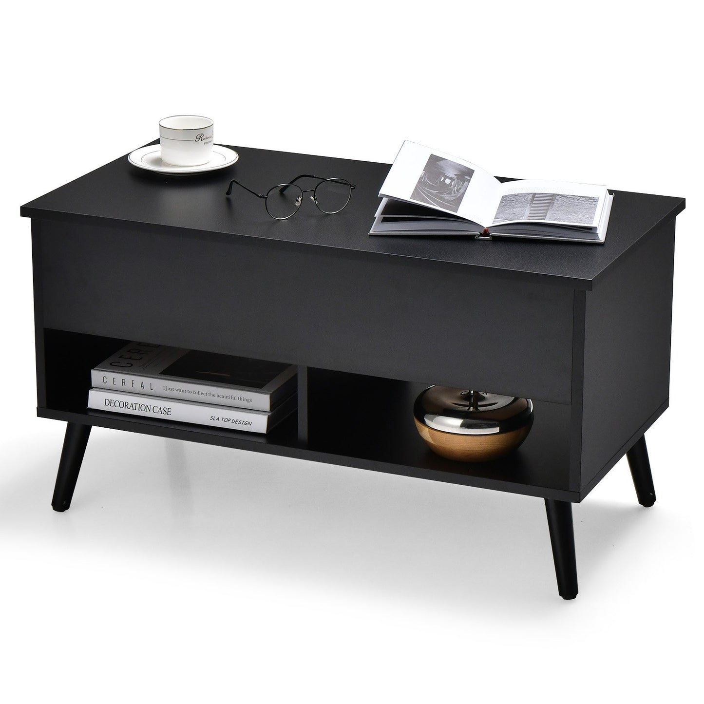 Lift Top Coffee Table with Hidden Compartment and Dual Storage Shelves - Black