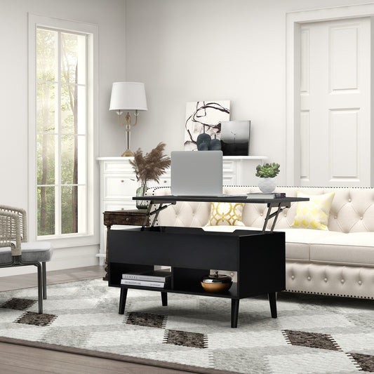 Lift Top Coffee Table with Hidden Compartment and Dual Storage Shelves - Black