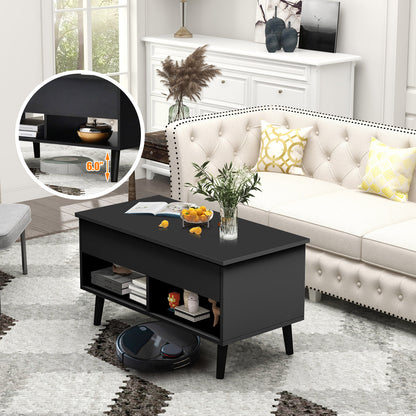 Lift Top Coffee Table with Hidden Compartment and Dual Storage Shelves - Black