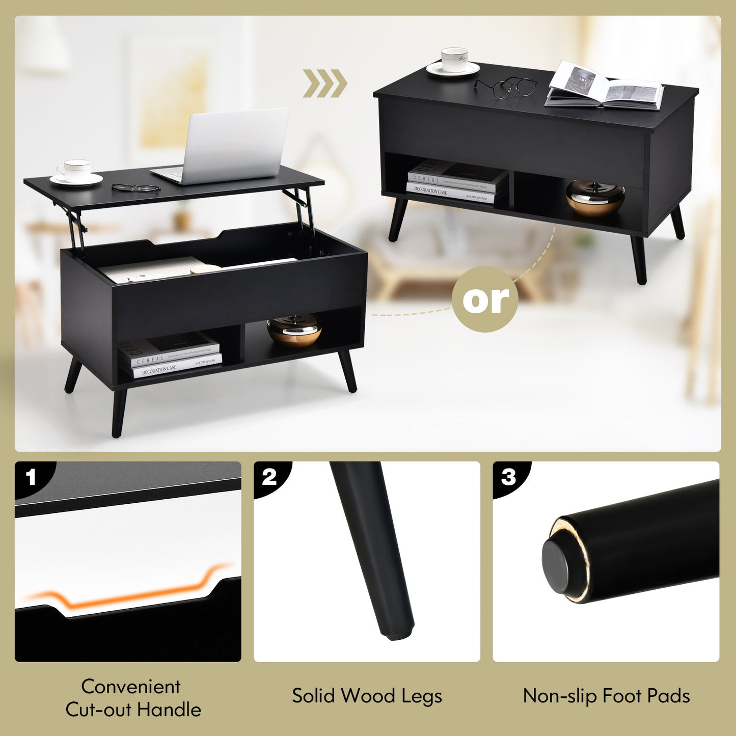 Lift Top Coffee Table with Hidden Compartment and Dual Storage Shelves - Black