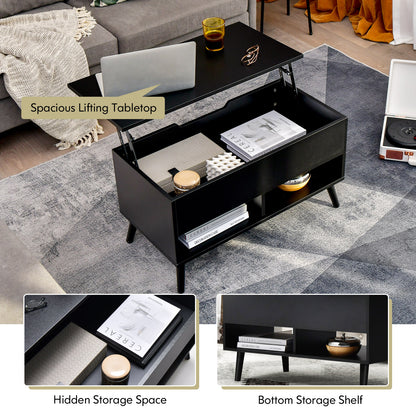 Lift Top Coffee Table with Hidden Compartment and Dual Storage Shelves - Black