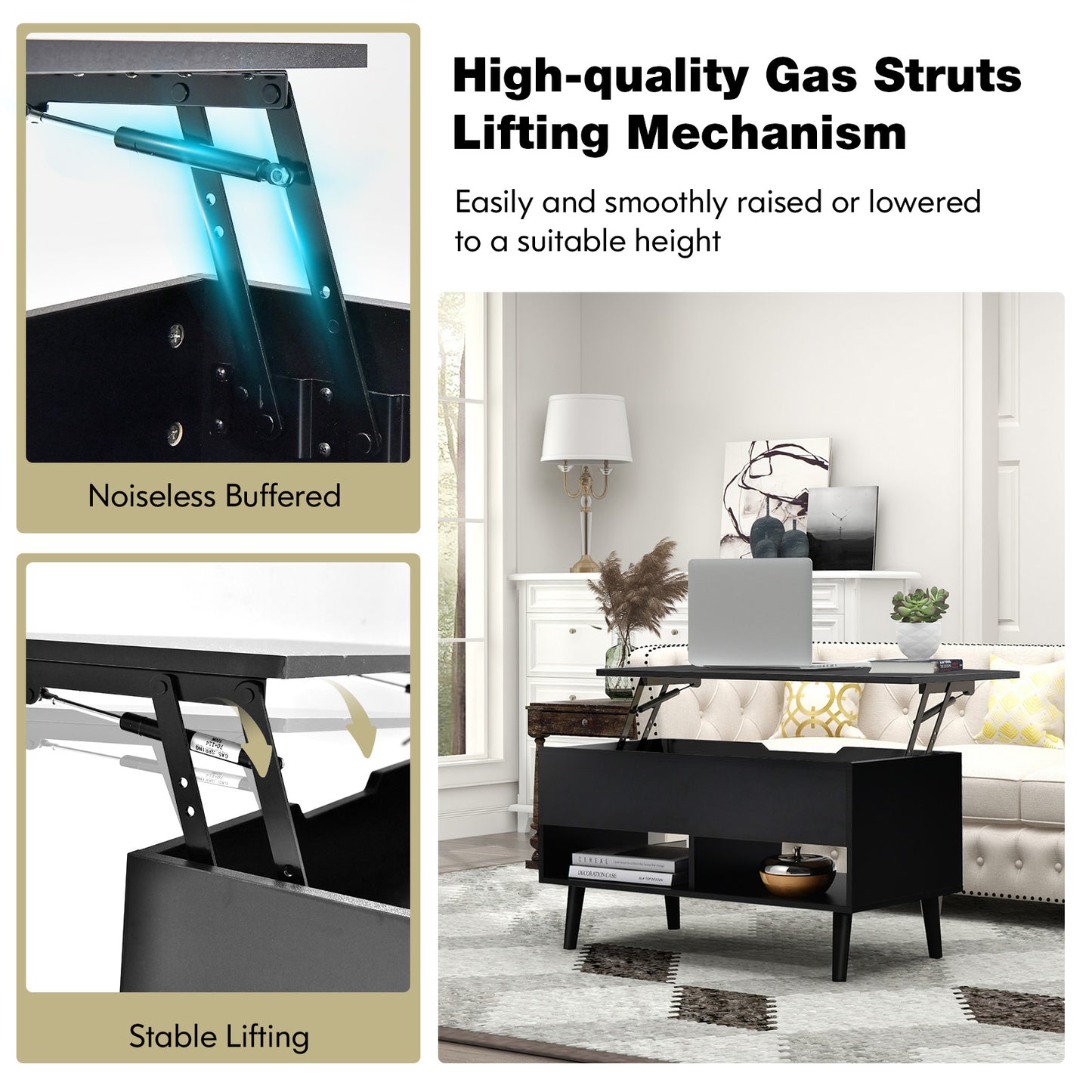 Lift Top Coffee Table with Hidden Compartment and Dual Storage Shelves - Black