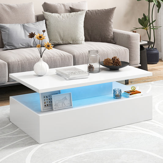 Modern LED Coffee Table with High Gloss Finish, Adjustable Light Colors, and 2-Tier Storage in White