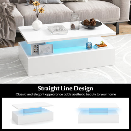 Modern LED Coffee Table with High Gloss Finish, Adjustable Light Colors, and 2-Tier Storage in White