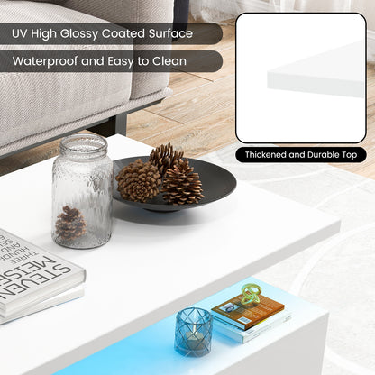 Modern LED Coffee Table with High Gloss Finish, Adjustable Light Colors, and 2-Tier Storage in White