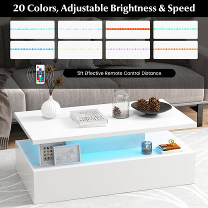 Modern LED Coffee Table with High Gloss Finish, Adjustable Light Colors, and 2-Tier Storage in White