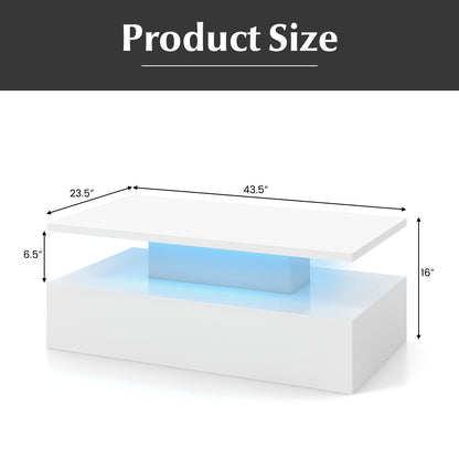 Modern LED Coffee Table with High Gloss Finish, Adjustable Light Colors, and 2-Tier Storage in White