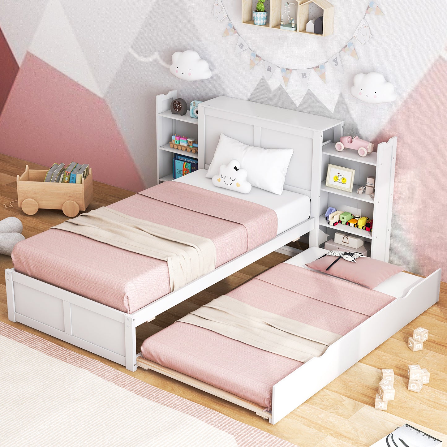 Kids Wooden Platform Bed with Trundle, Storage Headboard and Bookshelves - Twin Size
