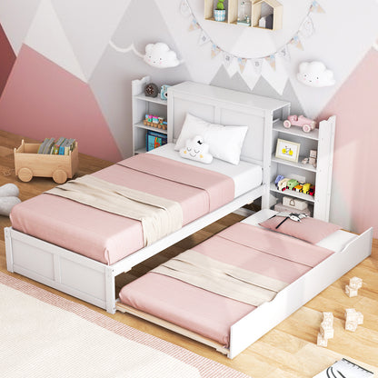 Kids Wooden Platform Bed with Trundle, Storage Headboard and Bookshelves - Twin Size