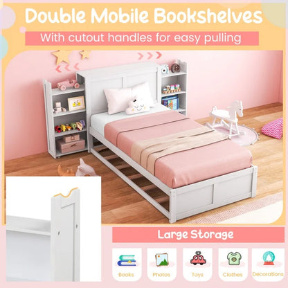 Kids Wooden Platform Bed with Trundle, Storage Headboard and Bookshelves - Twin Size