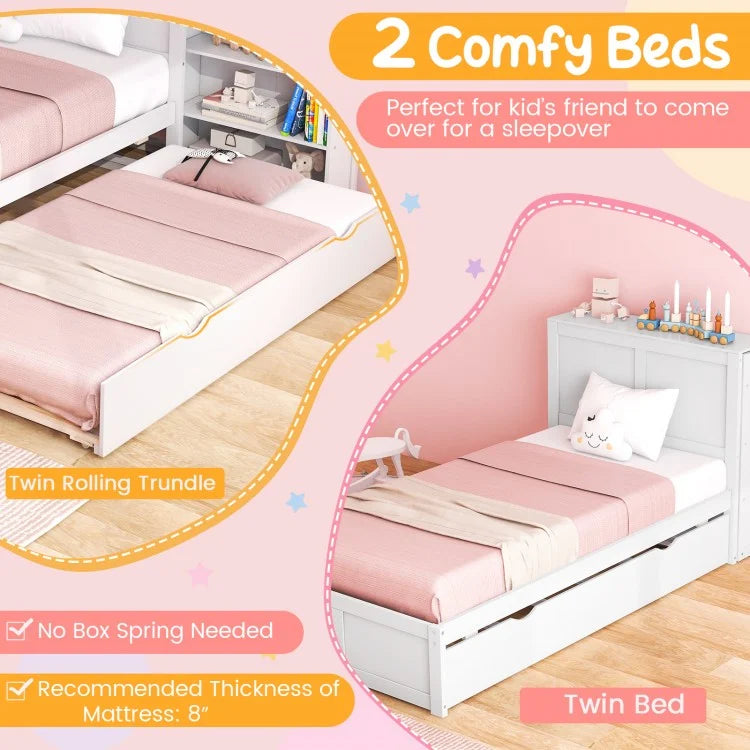 Kids Wooden Platform Bed with Trundle, Storage Headboard and Bookshelves - Twin Size